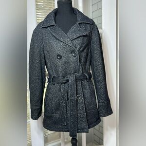INTL details Coat Gray/Black Button Belted Pockets Mid-Length Women's L Regular